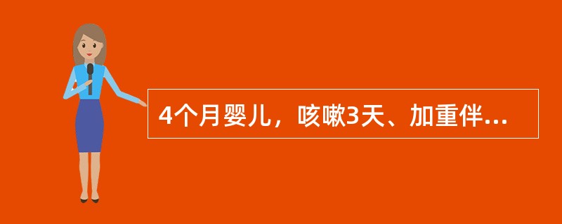 4个月婴儿，咳嗽3天、加重伴呼吸急促1天入院。查体：体温37℃，呼吸60次／分，呼吸困难，鼻翼扇动，三凹征阳性，双肺广泛呼气性喘鸣音，少量干啰音，心率180次／分，律齐，心音有力，无杂音，腹部膨胀，肝