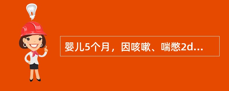 婴儿5个月，因咳嗽、喘憋2d而来诊。查体：体温38.2℃，营养状况尚可，气促，口周发青，咽红。呼吸60／min，两肺可闻喘鸣音，偶有干啰音，心率180／min，律齐有力，无杂音，腹部胀气，肝肋下2cm