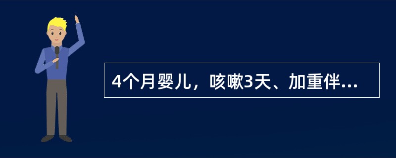 4个月婴儿，咳嗽3天、加重伴呼吸急促1天入院。查体：体温37℃，呼吸60次／分，呼吸困难，鼻翼扇动，三凹征阳性，双肺广泛呼气性喘鸣音，少量干啰音，心率180次／分，律齐，心音有力，无杂音，腹部膨胀，肝