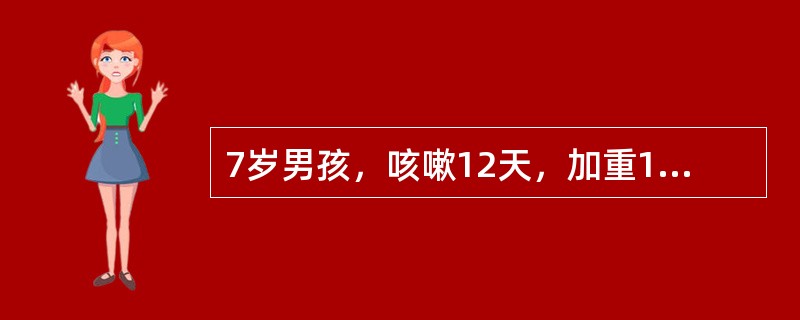 7岁男孩，咳嗽12天，加重1周，晚间明显，病初伴发热；咳黏痰，伴胸痛。查体：一般情况可，呼吸平稳，咽充血，两肺呼吸音稍粗，偶闻及干性啰音，胸部X线呈肺门阴影增浓。右下肺有云雾状阴影，病初用过利巴韦林及