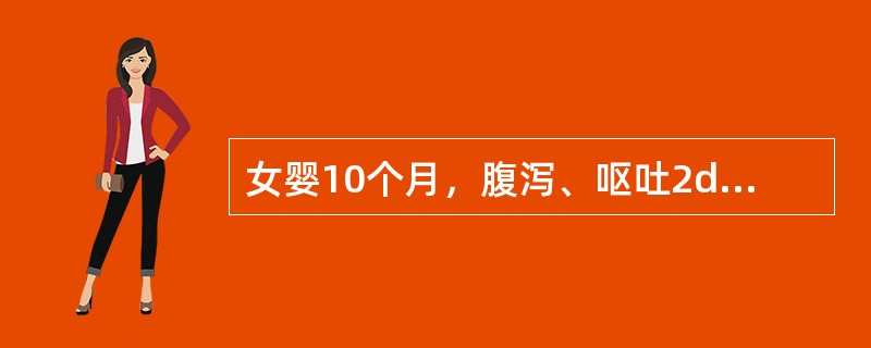 女婴10个月，腹泻、呕吐2d，大便每天十余次，稀水样，呕吐每天6～7次，12h无尿。体检：精神萎靡，呼吸较深长，皮肤弹性差，四肢凉、发绀，脉细弱。测血钠125mmol／L，COCP9.88mmol／L