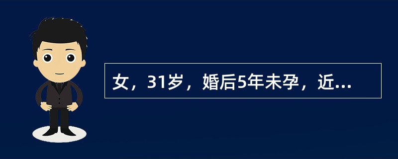 女，31岁，婚后5年未孕，近2年进行性痛经，BBT示双相型，月经3～4天（28～30）天，量中。妇科检查；子宫正常大小，后位，后壁有粘连性结节，触痛，两侧附件未扪及肿块，无压痛，为解决生育问题，首先做