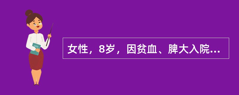 女性，8岁，因贫血、脾大入院。检验：HGB90g/L，WBC8．8×109/L，PLT130×109/L，HGBA2>5．0％，Coombs试验阴性，血片可见少量靶形细胞，红细胞呈小细胞低色素&