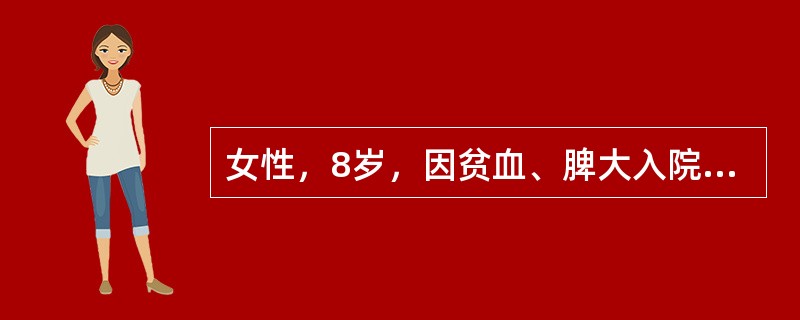 女性，8岁，因贫血、脾大入院。检验：HGB90g/L，WBC8．8×109/L，PLT130×109/L，HGBA2>5．0％，Coombs试验阴性，血片可见少量靶形细胞，红细胞呈小细胞低色素&