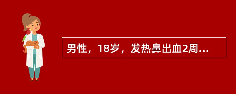 男性，18岁，发热鼻出血2周入院。浅表淋巴结不肿大，皮下瘀点、瘀斑，肝脾未触及，HGB56g/L，WBC2．2×109/L，PLT22×109/L，网织红细胞0．0013，胸片提示右下肺炎<br