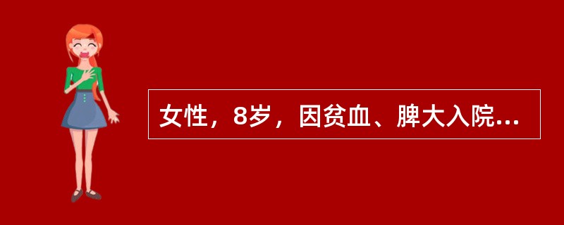 女性，8岁，因贫血、脾大入院。检验：HGB90g/L，WBC8．8×109/L，PLT130×109/L，HGBA>5．0％，Coombs试验阴性，血片可见少量靶形细胞，红细胞呈小细胞低色素，其