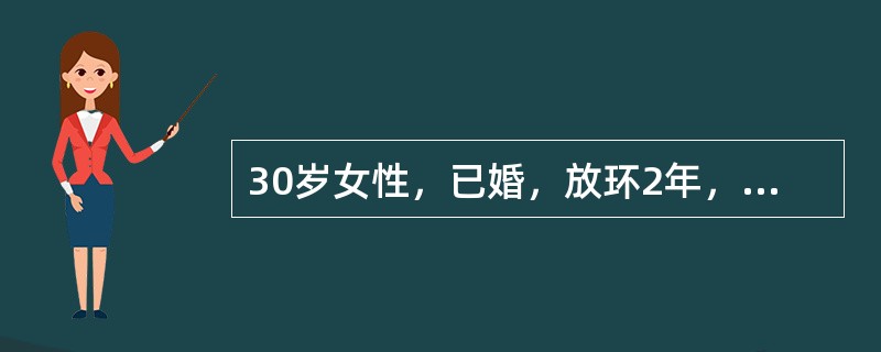 30岁女性，已婚，放环2年，停经48天，少量阴道出血3天，突然右下腹剧烈撕裂样疼痛。检查：血压10.5／6.7kPa（80／50mmHg），右下腹压痛、反跳痛明显，但肌紧张不明显。妇科检查：后穹隆饱满