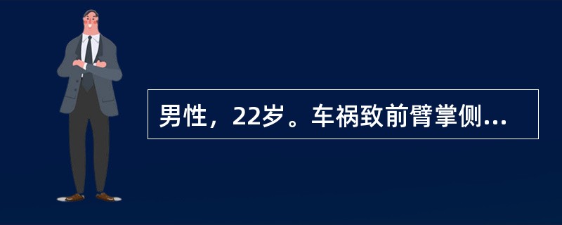 男性，22岁。车祸致前臂掌侧近段皮肤缺损3小时，肌肉外露，创面约8cm×6cm，同时伴有血气胸，对前臂创面的处理，正确的是