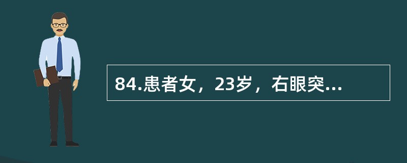 84.患者女，23岁，右眼突发视力下降3天。3天前无明显诱因突发右眼视物模糊并逐渐加重，无眼前黑影遮挡、闪光感、视物变形、变色，无眼红、眼痛、畏光、流泪等不适，未诊治。既往病史无特殊，否认眼部、颜面部