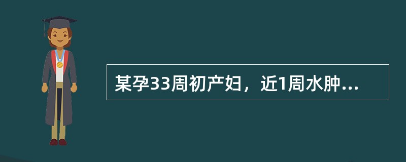 某孕33周初产妇，近1周水肿加剧，尿量减少，并有头痛、眼花等症状，不能平卧。查体：血压180／120mmHg（24／16kPa），尿蛋白（+），心率140次／分，呼吸22次／分，有腹水征，胎心、胎位正