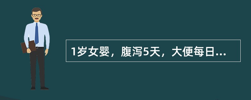 1岁女婴，腹泻5天，大便每日十余次，量中，蛋花汤样，有时呕吐。体检：神萎，皮肤弹性差，哭泪少。大便常规：少量白细胞（）