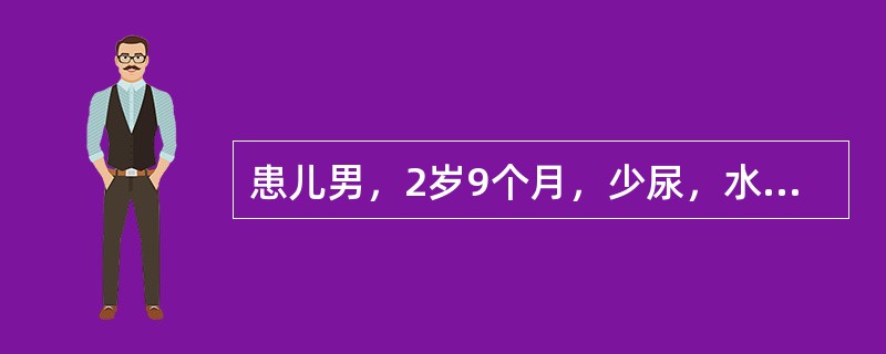 患儿男，2岁9个月，少尿，水肿2周，查体：T：37.2℃，R：35次／分，血压正常，眼睑、面部、四肢、阴囊水肿明显，腹部移动性浊音（+），双肾区无叩疼。尿常规示蛋白+++，RBC0～2个／HP，肾功能