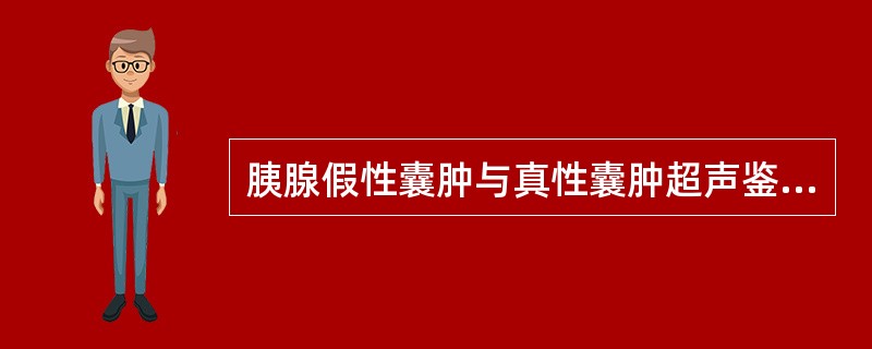 胰腺假性囊肿与真性囊肿超声鉴别要点是：①假性囊肿在胰周，真性囊肿在胰内；②前者较大，后者较小；③前者有胰腺炎病史，后者一般为先天性；④前者穿刺液为胰液，后方为黏液