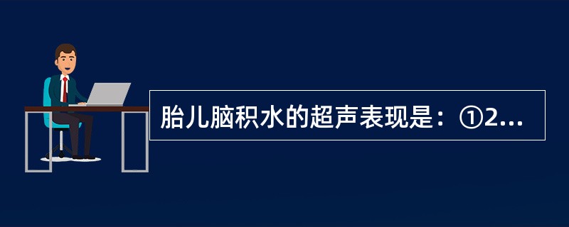 胎儿脑积水的超声表现是：①20孕周以后，胎儿脑室扩大，侧脑室指数大于1／3；②头围明显大于腹围；③双顶径较同孕周为大；④颅内可见高回声团块