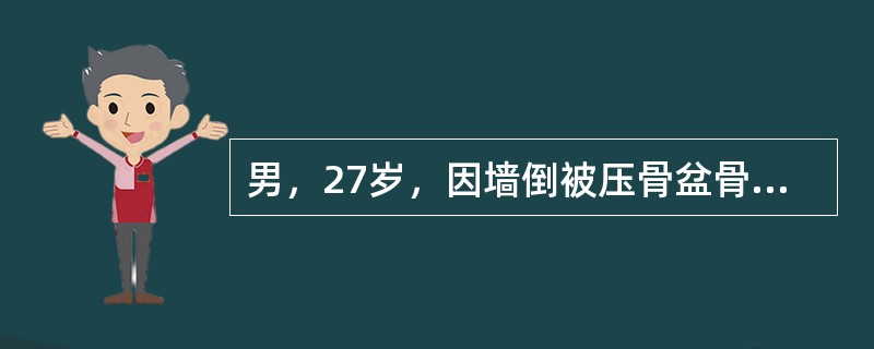 男，27岁，因墙倒被压骨盆骨折10小时来院，查。BP80／50mmHg，P110次／分，全身擦皮伤，骨盆处瘀斑重，当地插入导尿管流出新鲜血性液体400ml，膀胱仍胀满，肛门指检：可触及浮动的前列腺，该