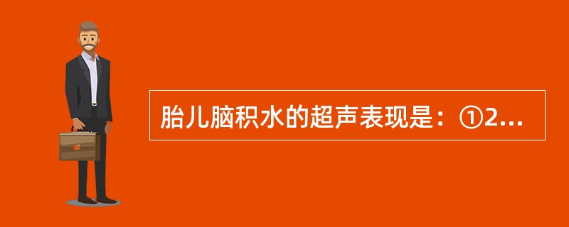 胎儿脑积水的超声表现是：①20孕周以后，胎儿脑室扩大，侧脑室指数大于1／3；②头围明显大于腹围；③双顶径较同孕周为大；④颅内可见高回声团块