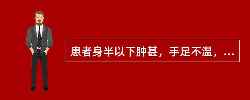 患者身半以下肿甚，手足不温，口中不渴，胸腹胀满，大便溏薄，舌苔白腻，脉沉弦而迟者。治宜（）