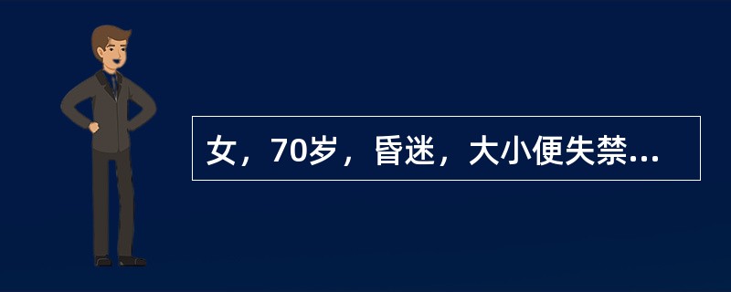 女，70岁，昏迷，大小便失禁12小时。查体：血压200／110mmHg，心率约120次／分，体温37℃。浅昏迷，左侧肢体未见自主活动，肌力增高，Babinski征阳性。既往高血压病史。<img