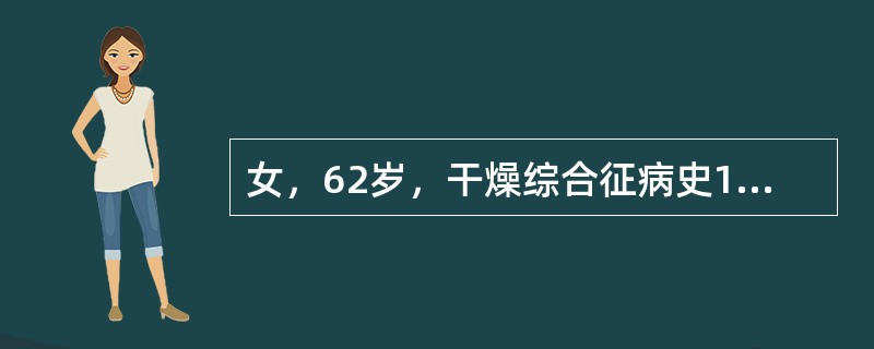 女，62岁，干燥综合征病史15年，近2年来呼吸困难，进行性加重，干咳，偶有痰中带血。体检：消瘦，呼吸较浅促，R26次／分，双肺底闻及吸气相高调湿啰音。胸片双肺弥漫性网格状影，肺功能示RV／TLC为30
