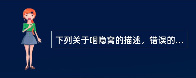 下列关于咽隐窝的描述，错误的是：