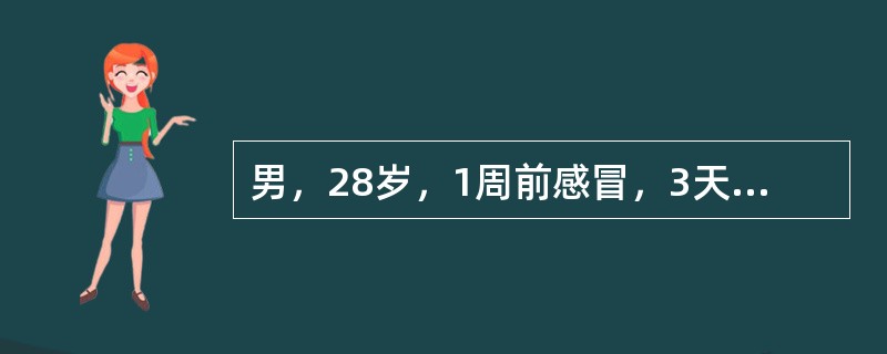 男，28岁，1周前感冒，3天来浮肿、尿少（300～400ml／24h）；血压150／100mmHg；血红蛋白80g，／L，血沉90mm／第1小时末，尿蛋白（+++），尿沉渣红细胞20～40个／HP，血