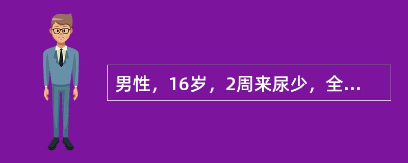 男性，16岁，2周来尿少，全身浮肿明显，尿蛋白定量Sg／d，血浆白蛋白18g／L，尿沉渣镜检有红细胞3～5／HP，有透明管型，偶见颗粒管型，血红蛋白正常，血肌酐正常，血尿素氮10mnol／L。提问：本